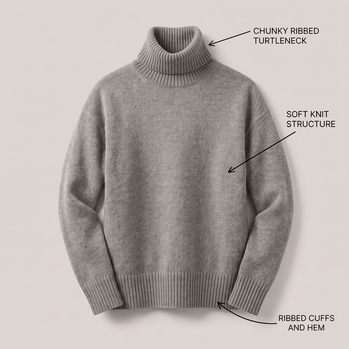 Grey cashmere turtleneck sweater with chunky ribbing at collar, cuffs, and hem