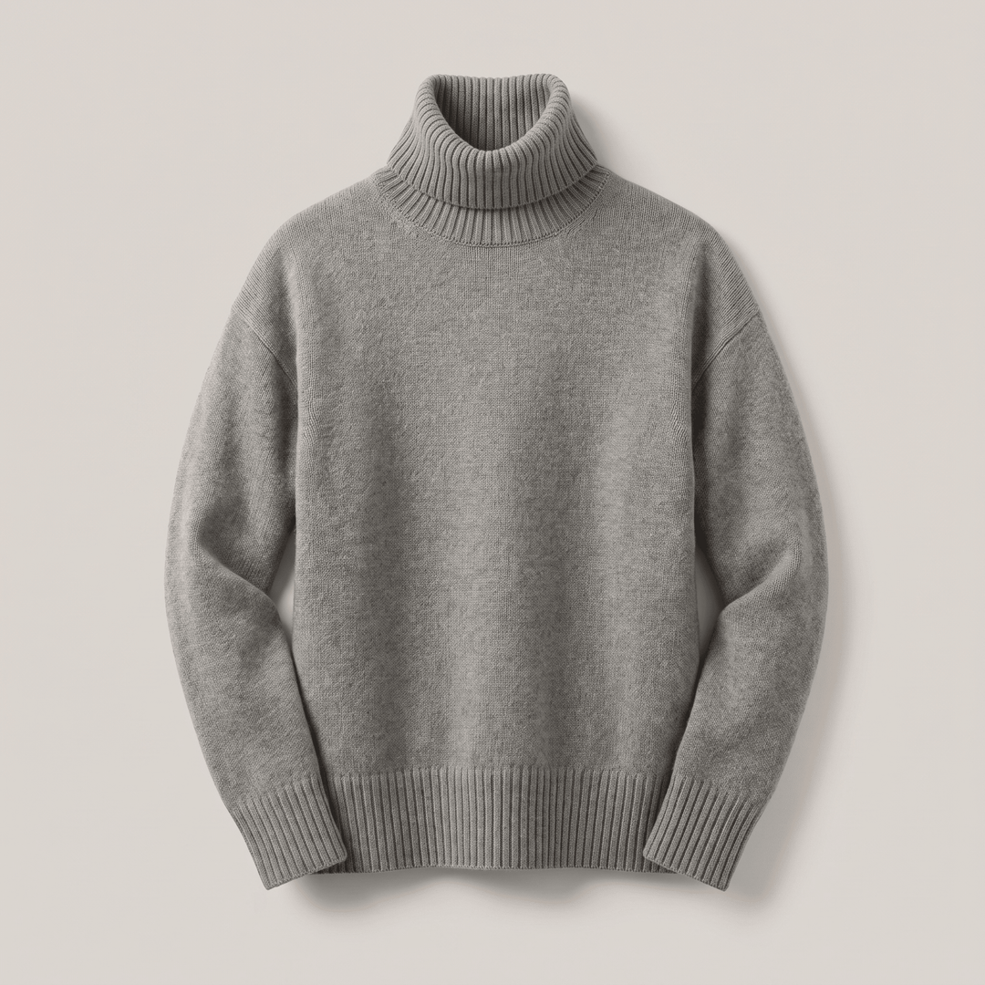 Cashmere turtleneck sweater, grey with ribbed collar, cuffs, and hem