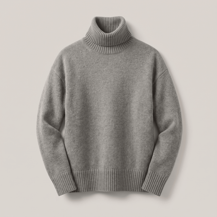 Cashmere turtleneck sweater, grey with ribbed collar, cuffs, and hem