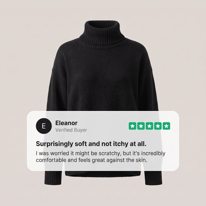 Cashmere turtleneck sweater, black with ribbed high neck and long sleeves
