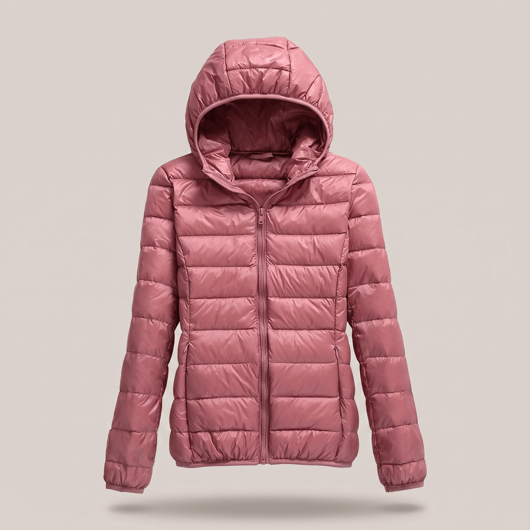 Pink quilted puffer windproof jacket with attached hood and front zip