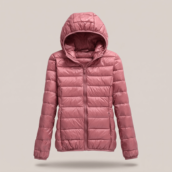 Pink quilted puffer windproof jacket with attached hood and front zip