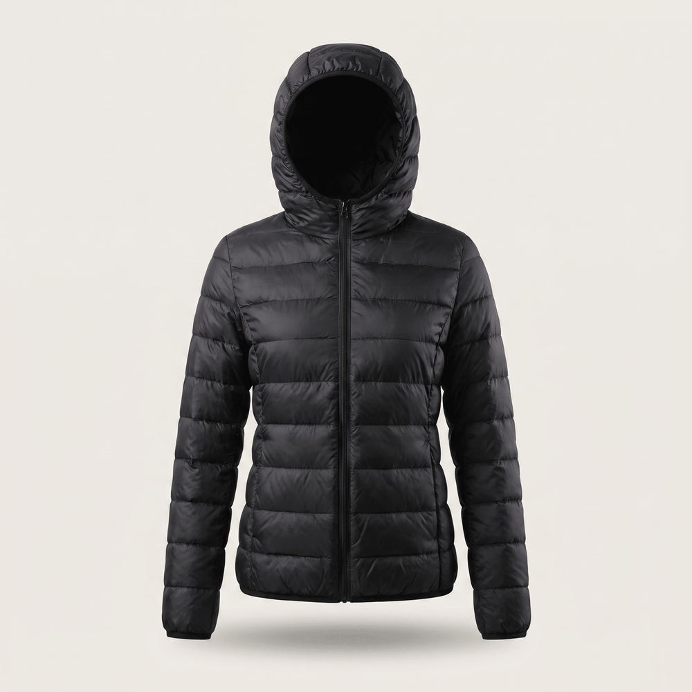 Black quilted puffer windproof jacket with attached hood and center front zip