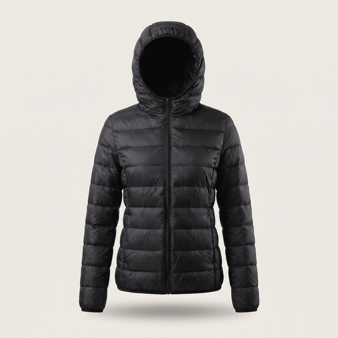 Black quilted puffer windproof jacket with attached hood and center front zip