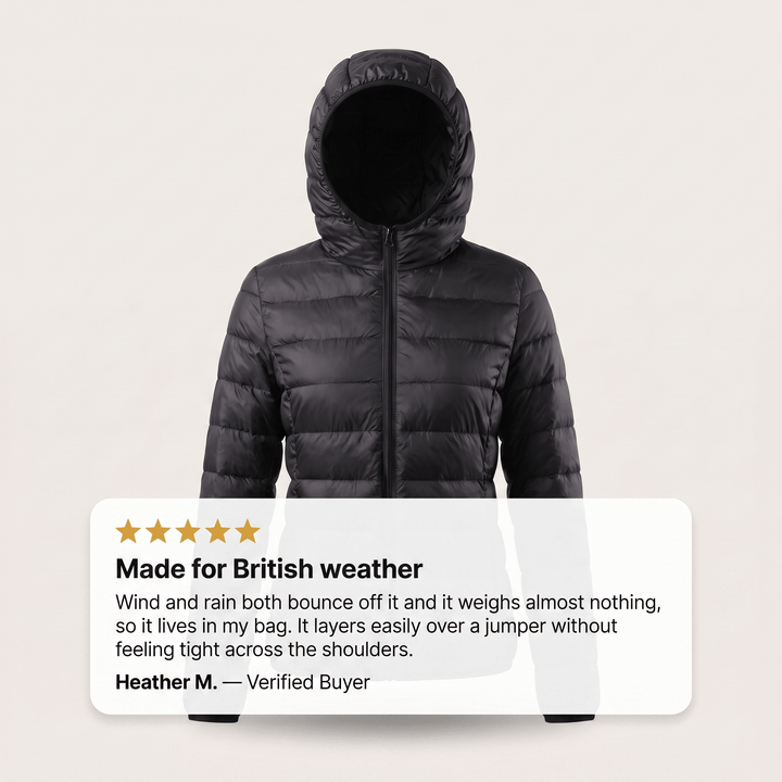 Black quilted puffer windproof jacket with hood and center front zip