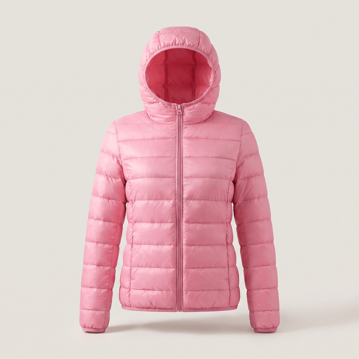 Light pink quilted puffer windproof jacket with hood and center front zip