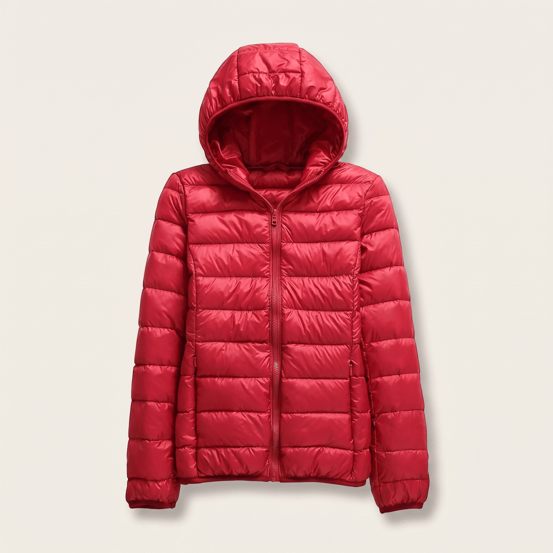Red quilted puffer windproof jacket with attached hood and full front zip