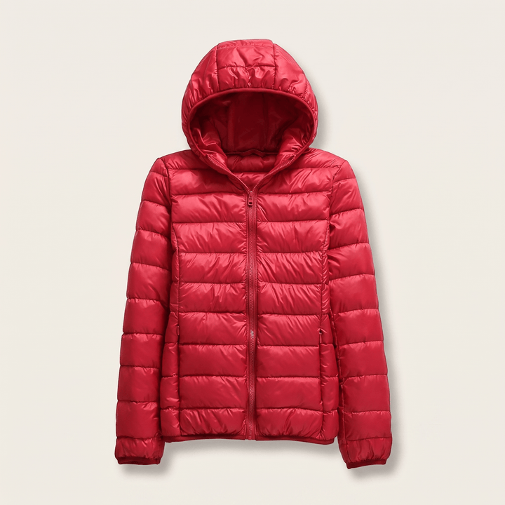 Red quilted puffer windproof jacket with attached hood and full front zip