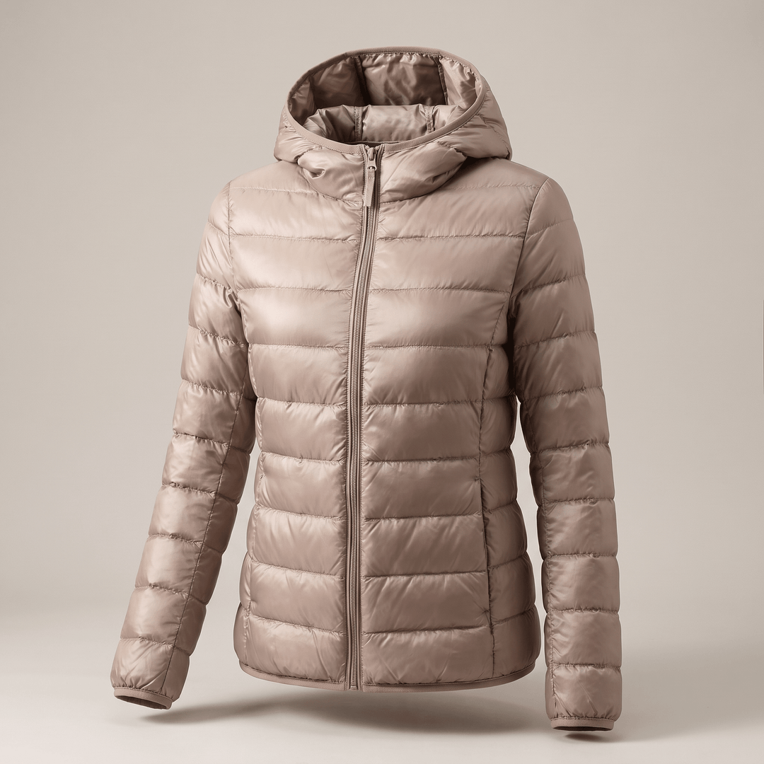 Beige quilted puffer windproof jacket with hood and full front zip