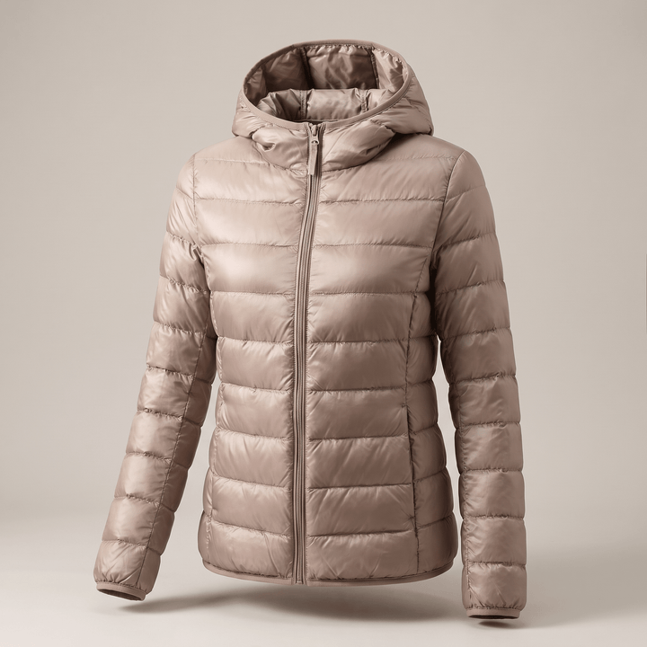 Beige quilted puffer windproof jacket with hood and full front zip