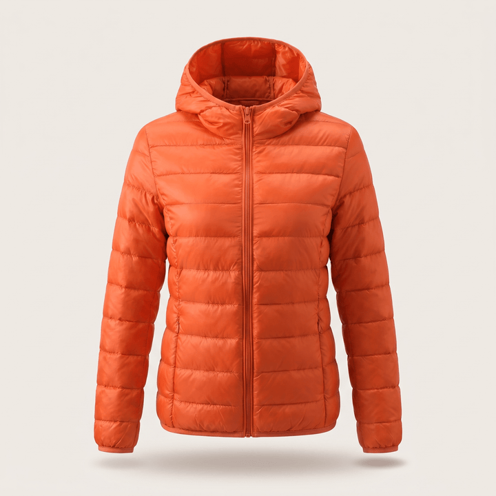 Orange quilted puffer windproof jacket with attached hood and front zipper