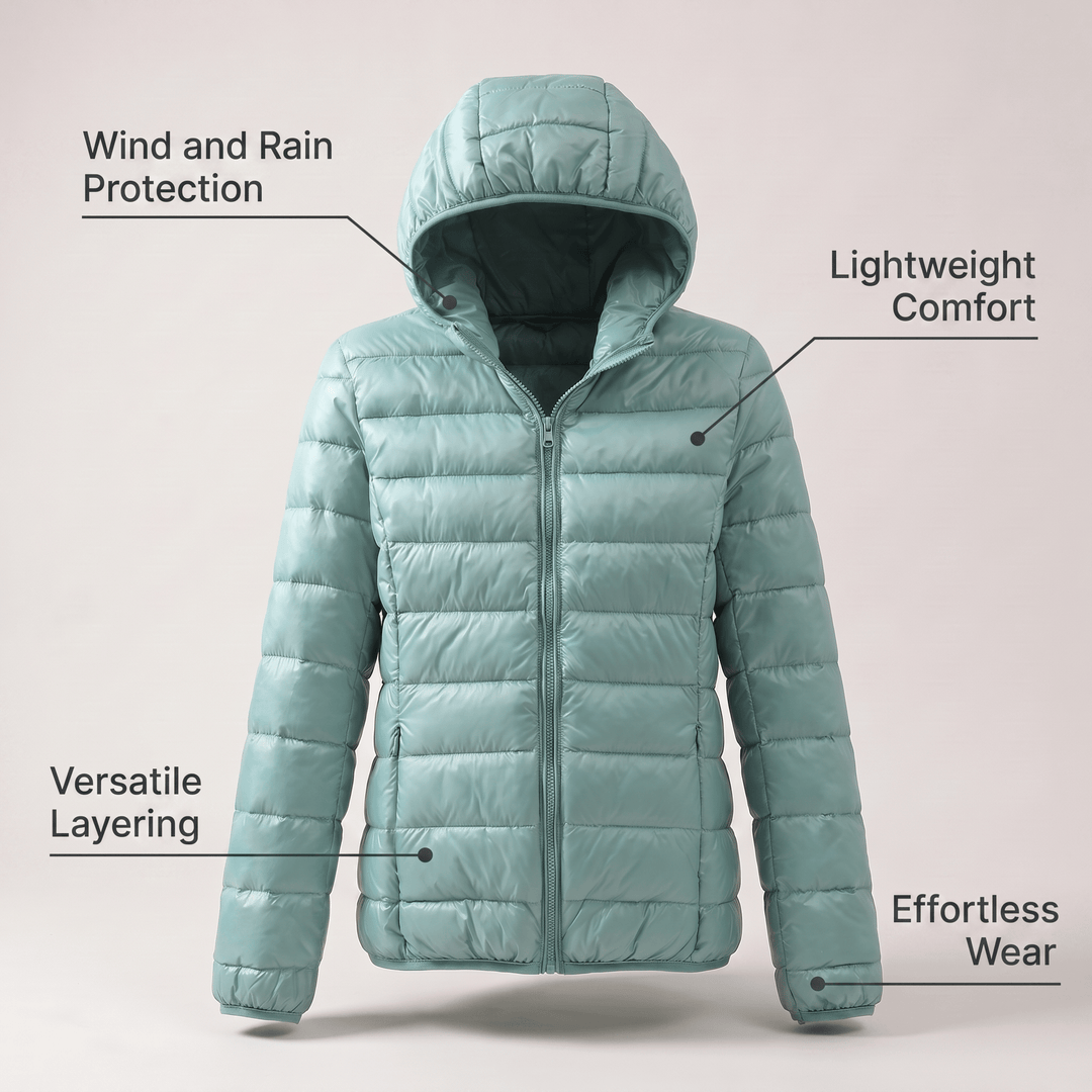 Light teal quilted puffer windproof jacket with hood and front zipper