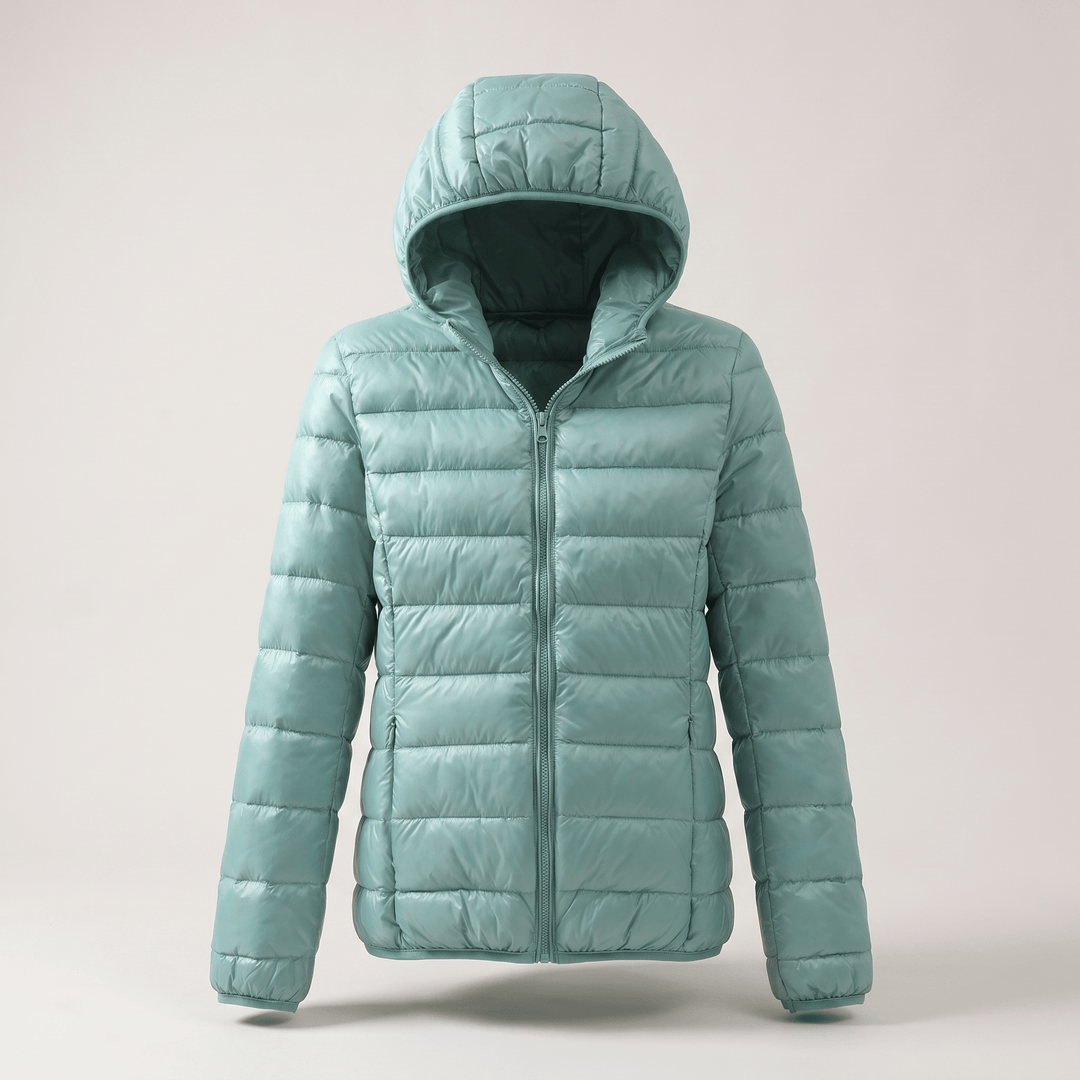 Light teal quilted puffer windproof jacket with hood and center front zip