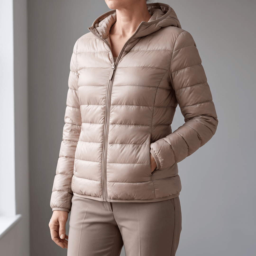 Champagne puffer windproof jacket with hood, full-length zip, and side pockets