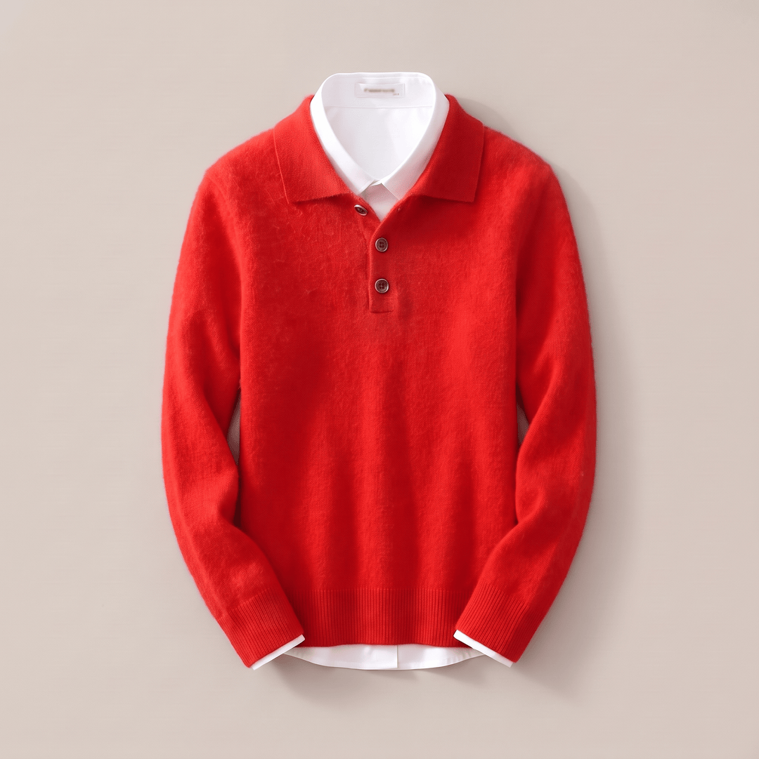 Red cashmere polo sweater with polo collar, 3-button placket, ribbed cuffs and hem