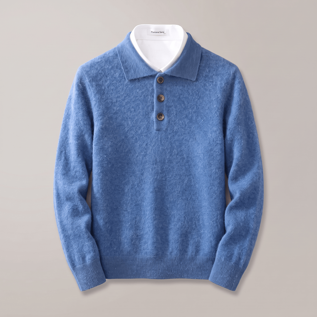Blue cashmere polo sweater with polo collar and 3-button placket, ribbed cuffs and hem