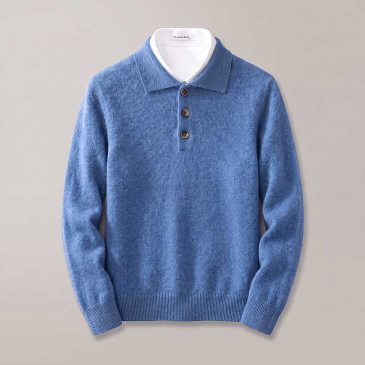 Blue cashmere polo sweater with polo collar and 3-button placket, ribbed cuffs and hem