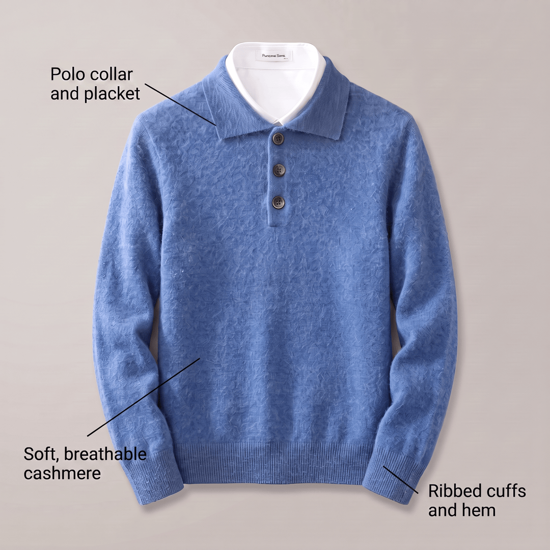 Blue cashmere polo sweater with polo collar and button placket, ribbed cuffs and hem
