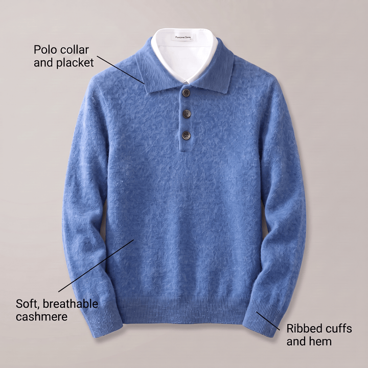 Blue cashmere polo sweater with polo collar and button placket, ribbed cuffs and hem