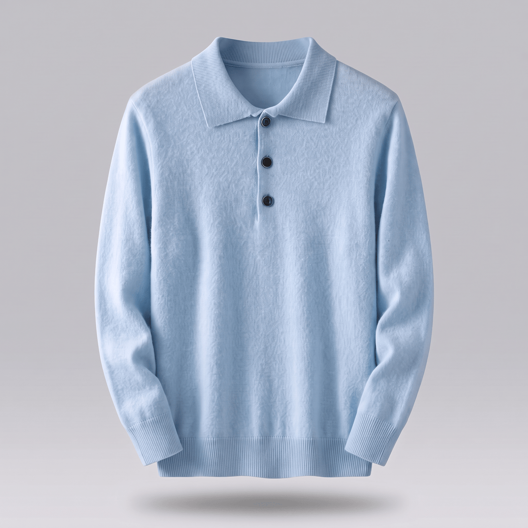 Light blue cashmere polo sweater with polo collar, 3-button placket, long sleeves
