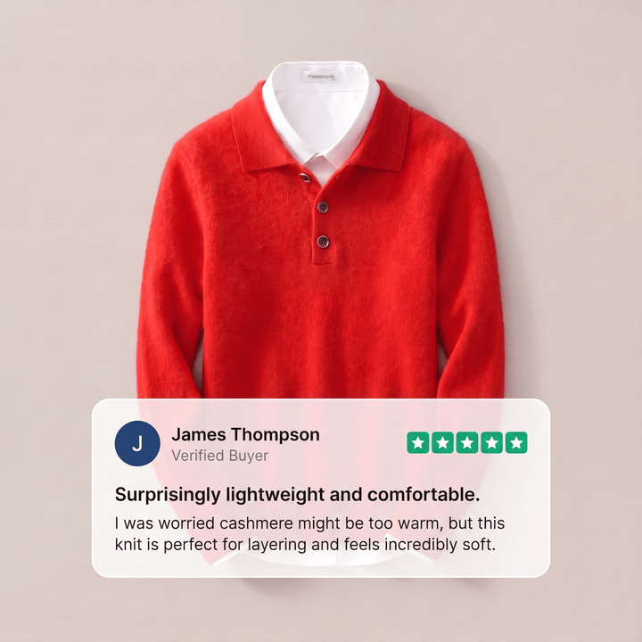 Red cashmere polo sweater with polo collar, 3-button placket, ribbed cuffs and hem