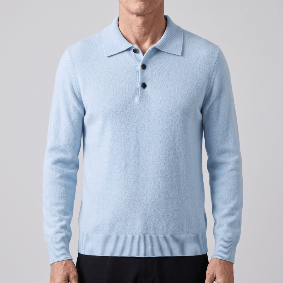 Sky blue cashmere polo sweater with polo collar, 3-button placket, ribbed cuffs and hem