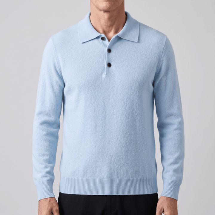 Sky blue cashmere polo sweater with polo collar, 3-button placket, ribbed cuffs and hem