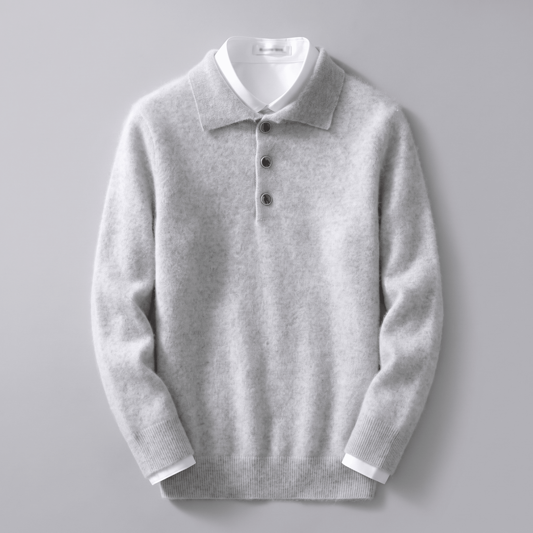 Light grey cashmere polo sweater with polo collar, 3-button placket, ribbed hem