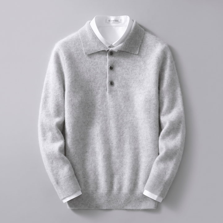 Light grey cashmere polo sweater with polo collar, 3-button placket, ribbed hem