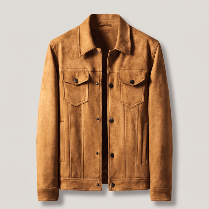 Cognac brown suede retro jacket with button closure and chest flap pockets