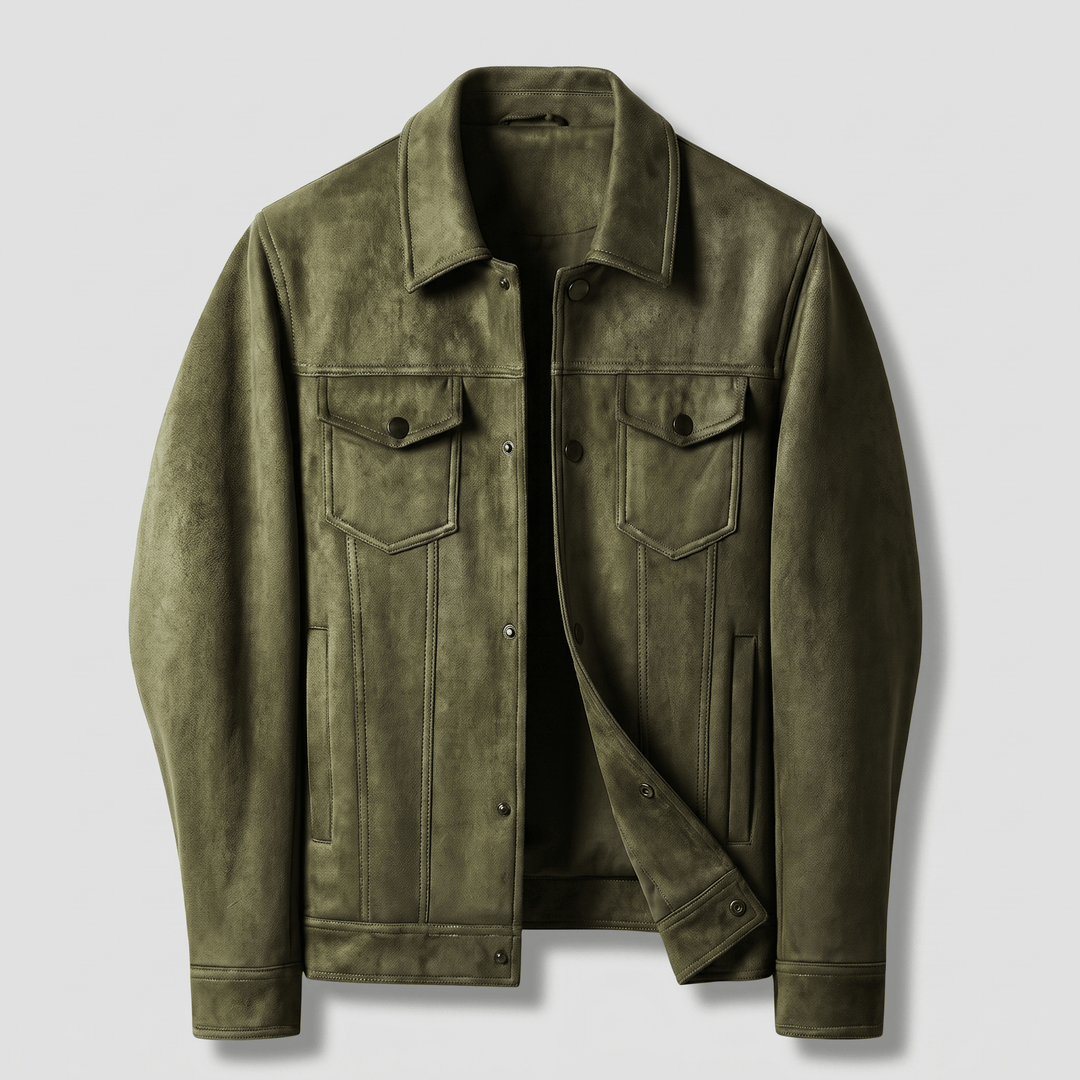 Army green suede retro jacket with classic collar, button front, chest flap pockets