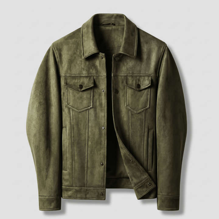 Army green suede retro jacket with classic collar, button front, chest flap pockets