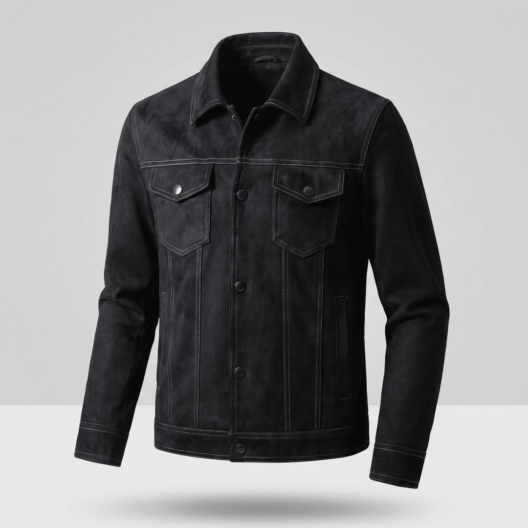 Midnight black suede retro jacket with button-up front and flap chest pockets