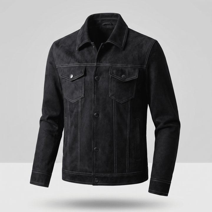 Midnight black suede retro jacket with button-up front and flap chest pockets