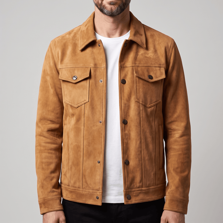 Cognac suede retro jacket with button-up front and flap chest pockets