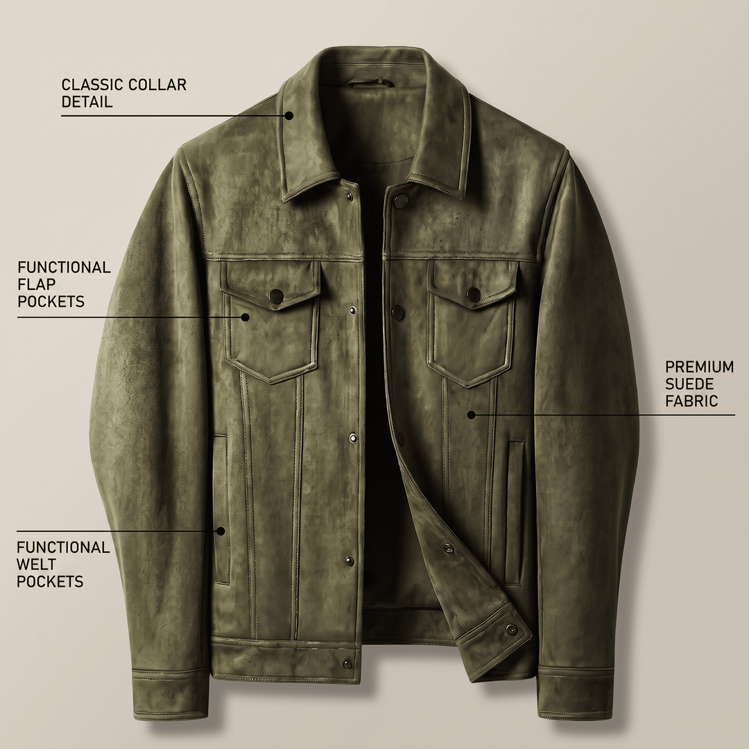 Army green suede retro jacket with classic collar, flap pockets, button-front