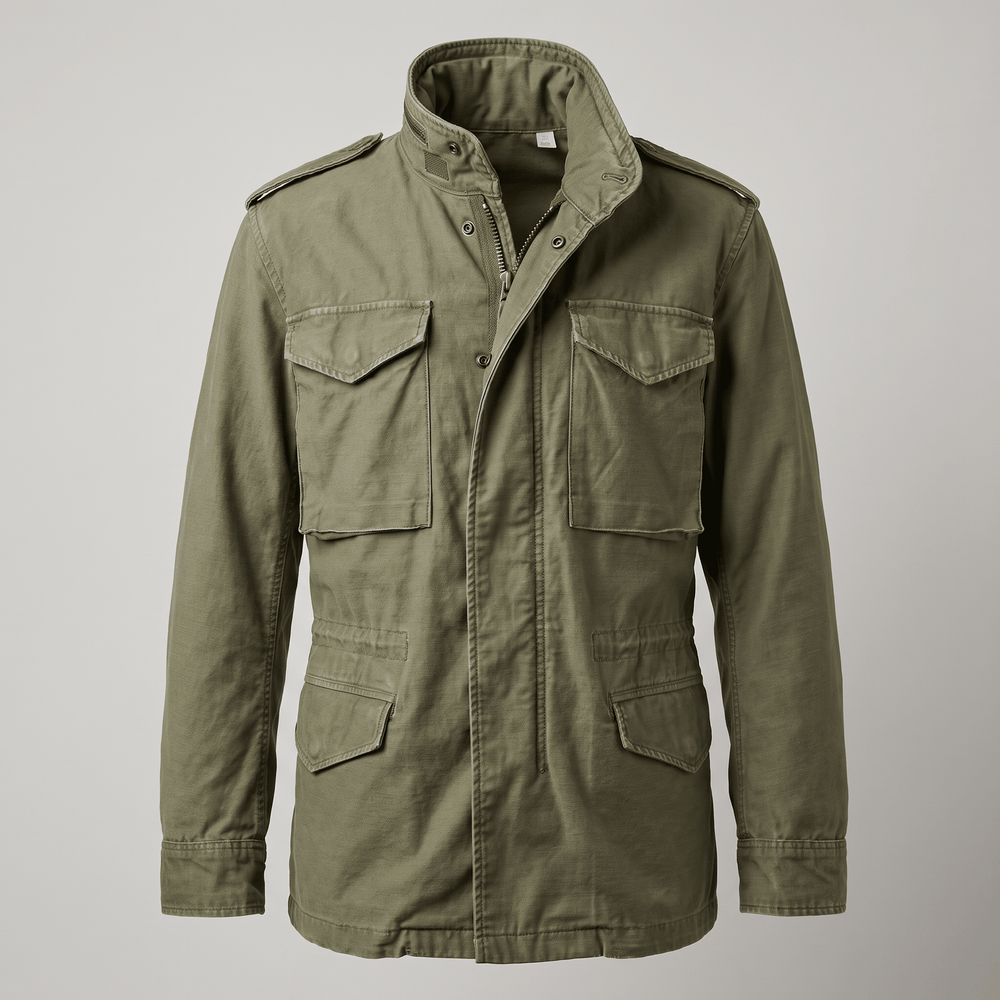 Olive green heritage jacket with stand collar, full front zip, four flap utility pockets.
