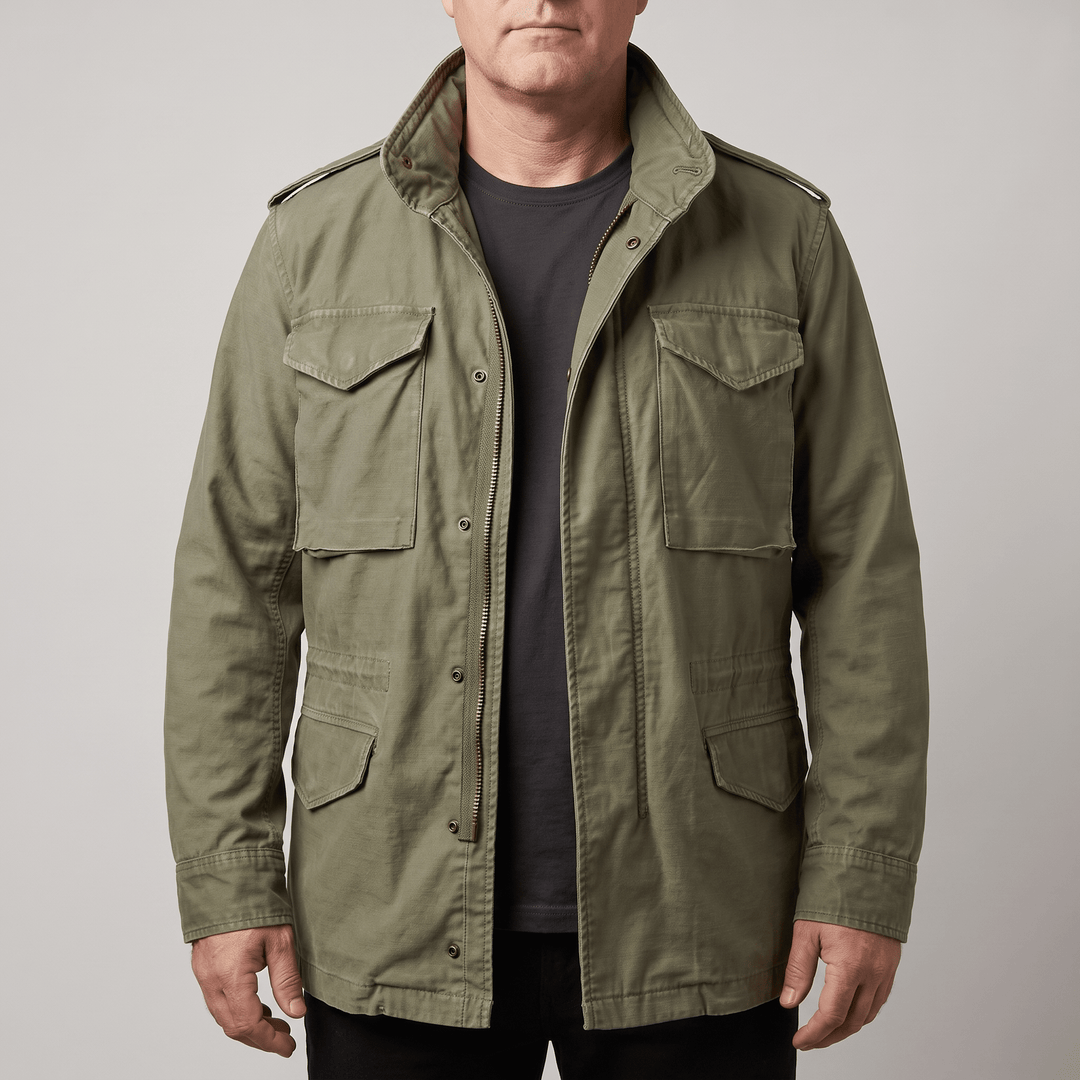 Green heritage jacket with four utility flap pockets, stand collar, full zip.