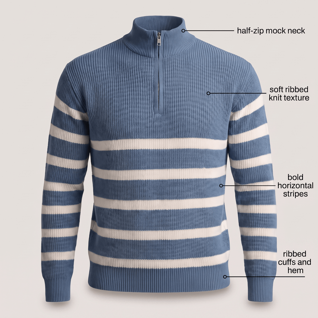 Blue striped half-zip mock neck knit sweater with ribbed cuffs and hem