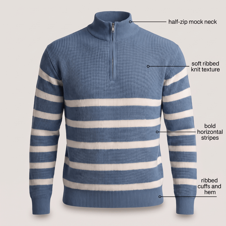 Blue striped half-zip mock neck knit sweater with ribbed cuffs and hem