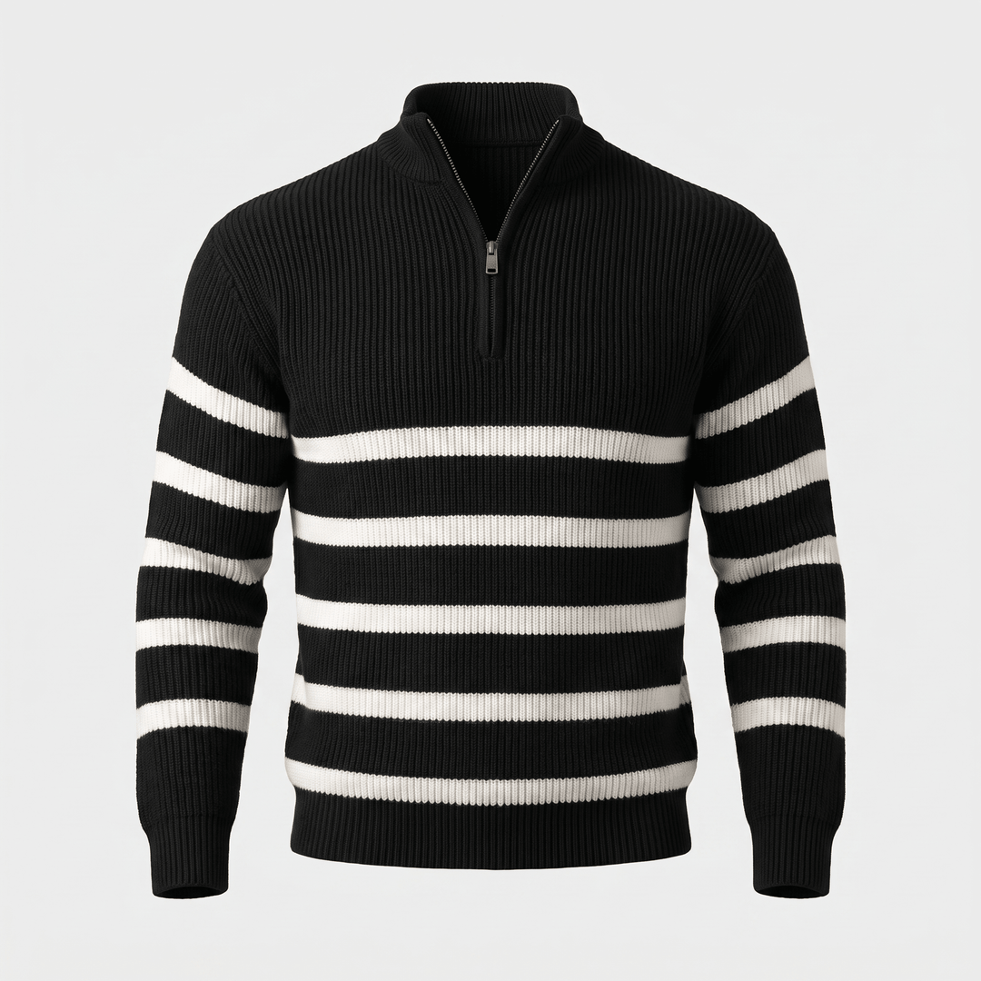Black striped half-zip mock neck knit sweater with white ribbed stripe bands
