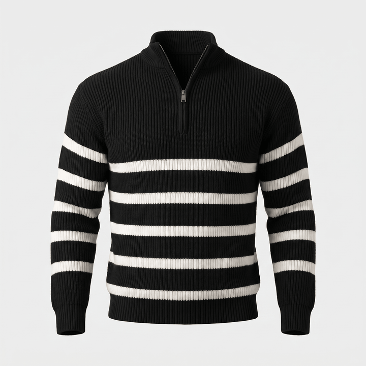 Black striped half-zip mock neck knit sweater with white ribbed stripe bands