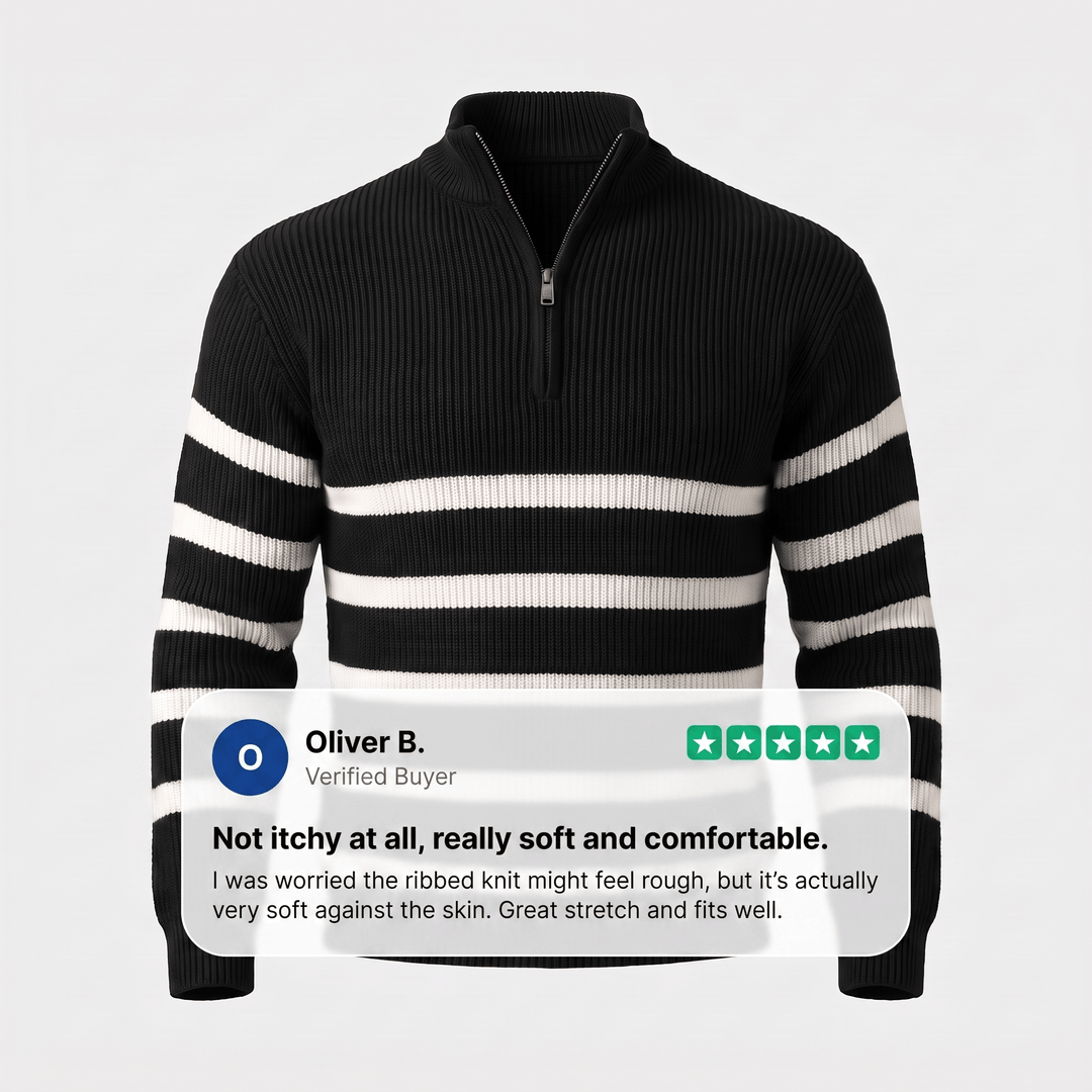 Black striped half-zip knit sweater with white horizontal stripe bands