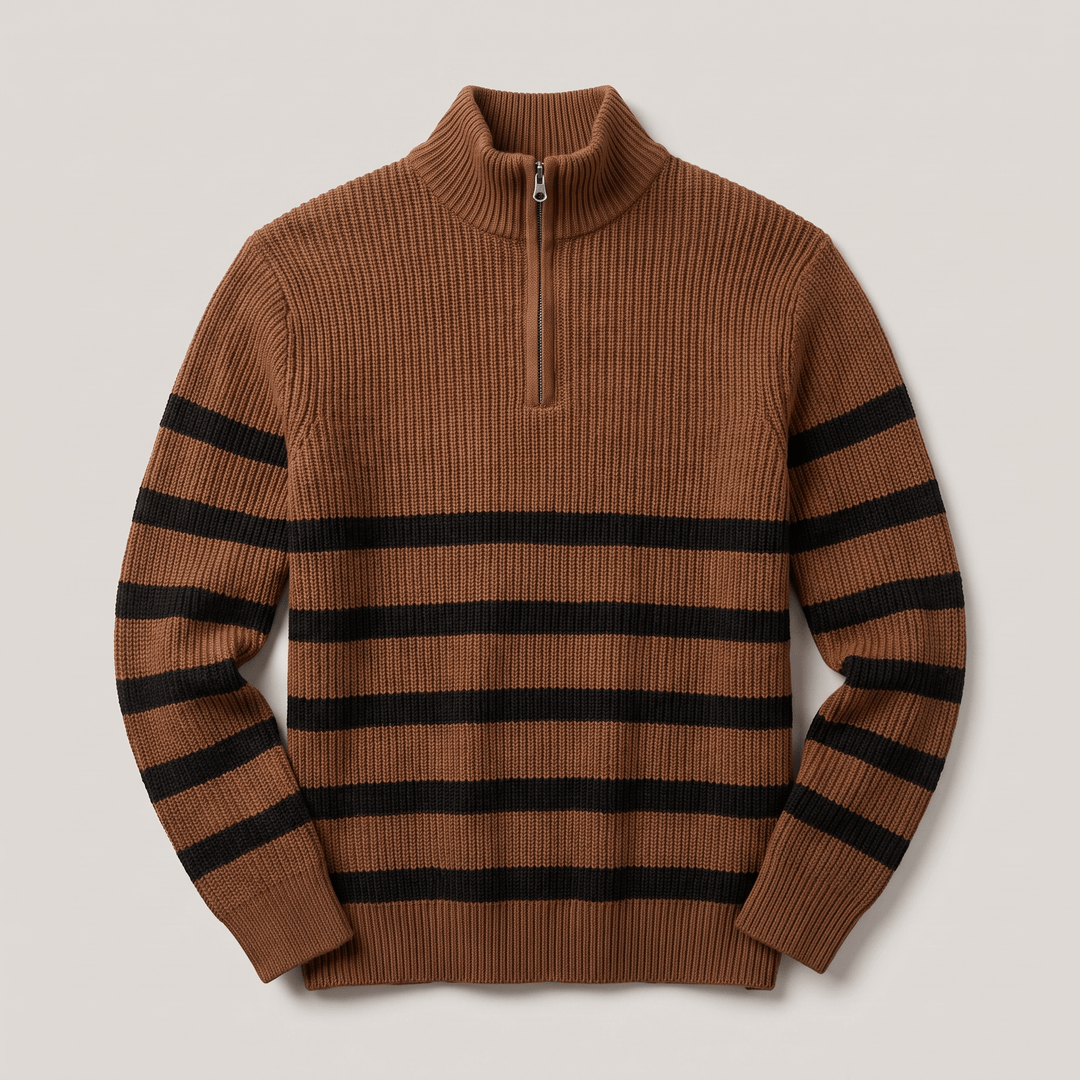 Brown striped quarter-zip knit sweater with black ribbed stripe bands and cuffs