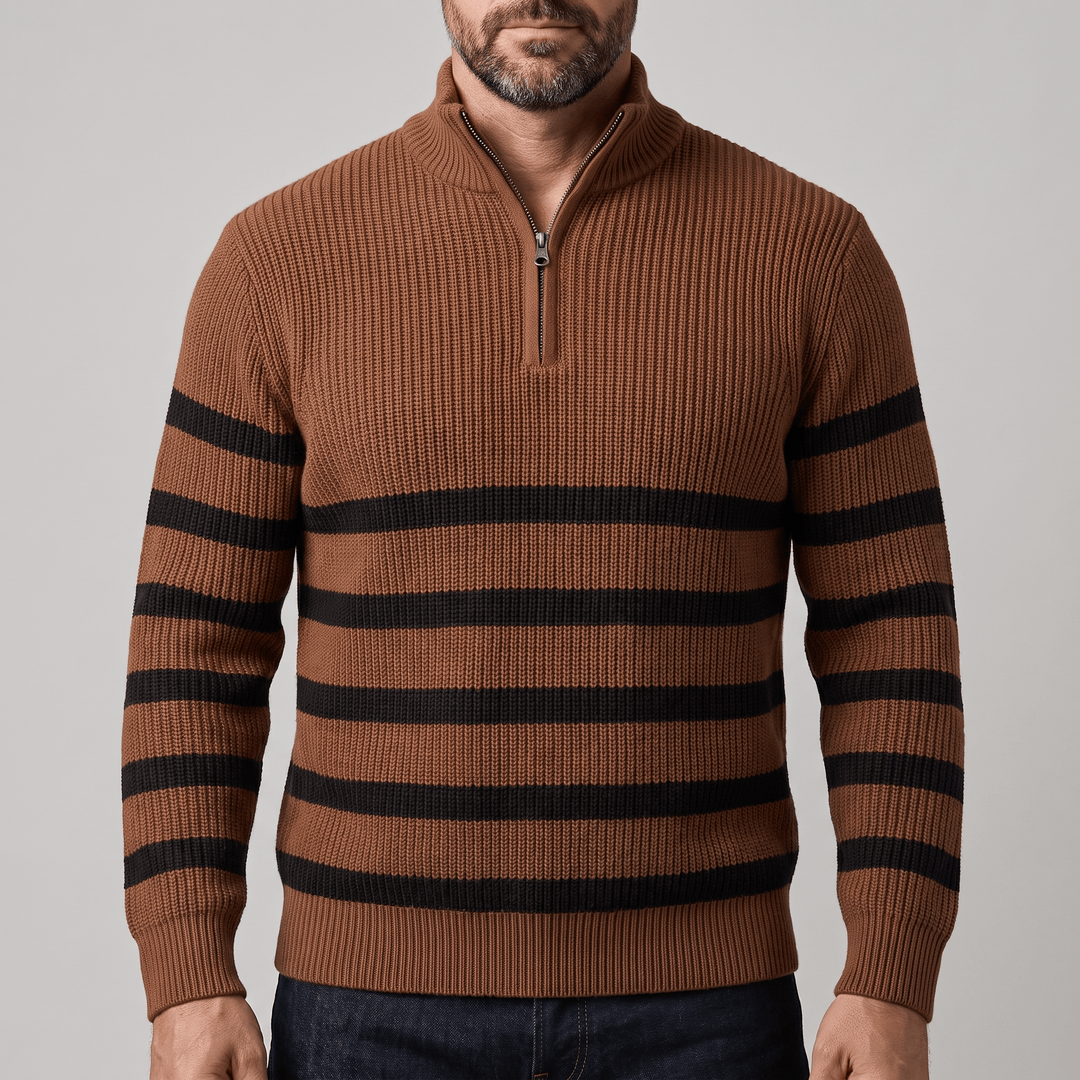 Brown striped half-zip knit sweater with black ribbed cuffs and hem
