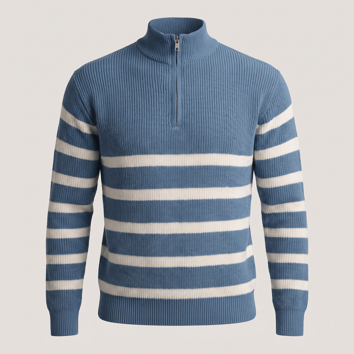 Blue striped half-zip knit sweater with white horizontal ribbed stripe bands