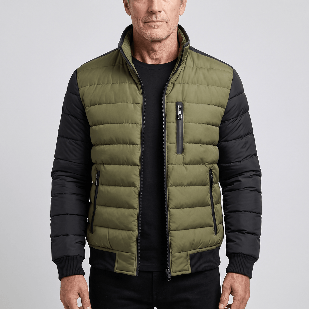 Quilted zip-front jacket: olive body, black sleeves, stand collar, chest pocket