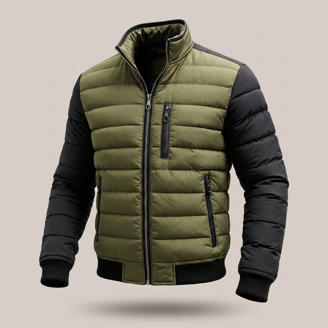Quilted bomber jacket: olive body, black sleeves, full zipper, ribbed hem