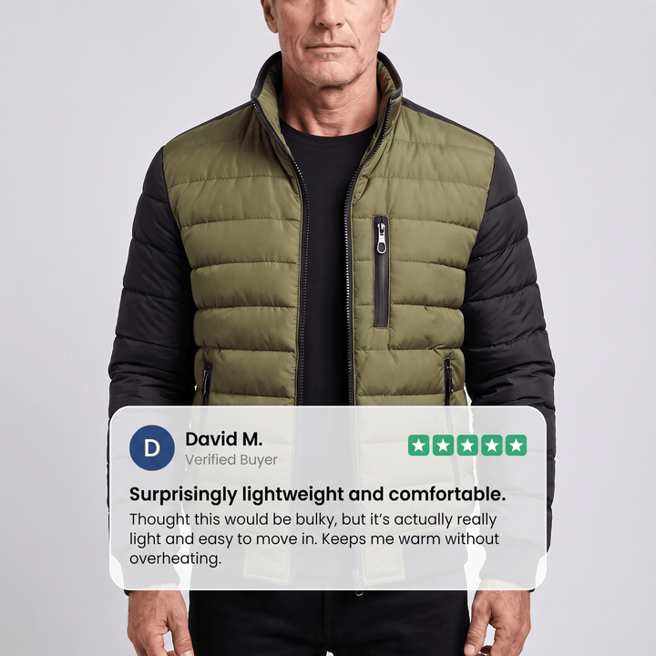 Olive quilted zip jacket with black sleeves, zip chest pocket, ribbed cuffs
