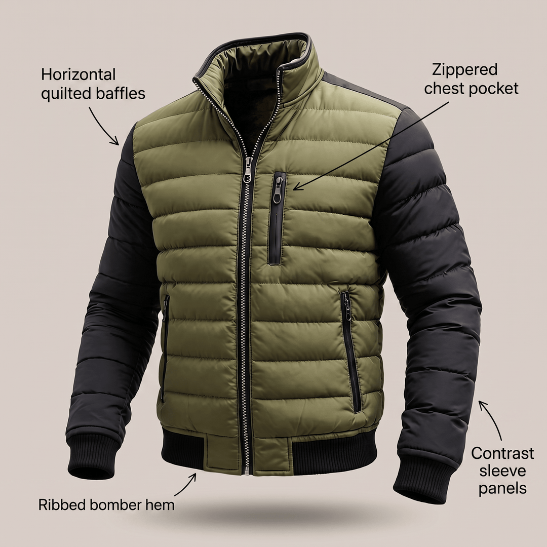 Olive quilted zip bomber jacket with contrast sleeve panels, chest pocket, ribbed hem